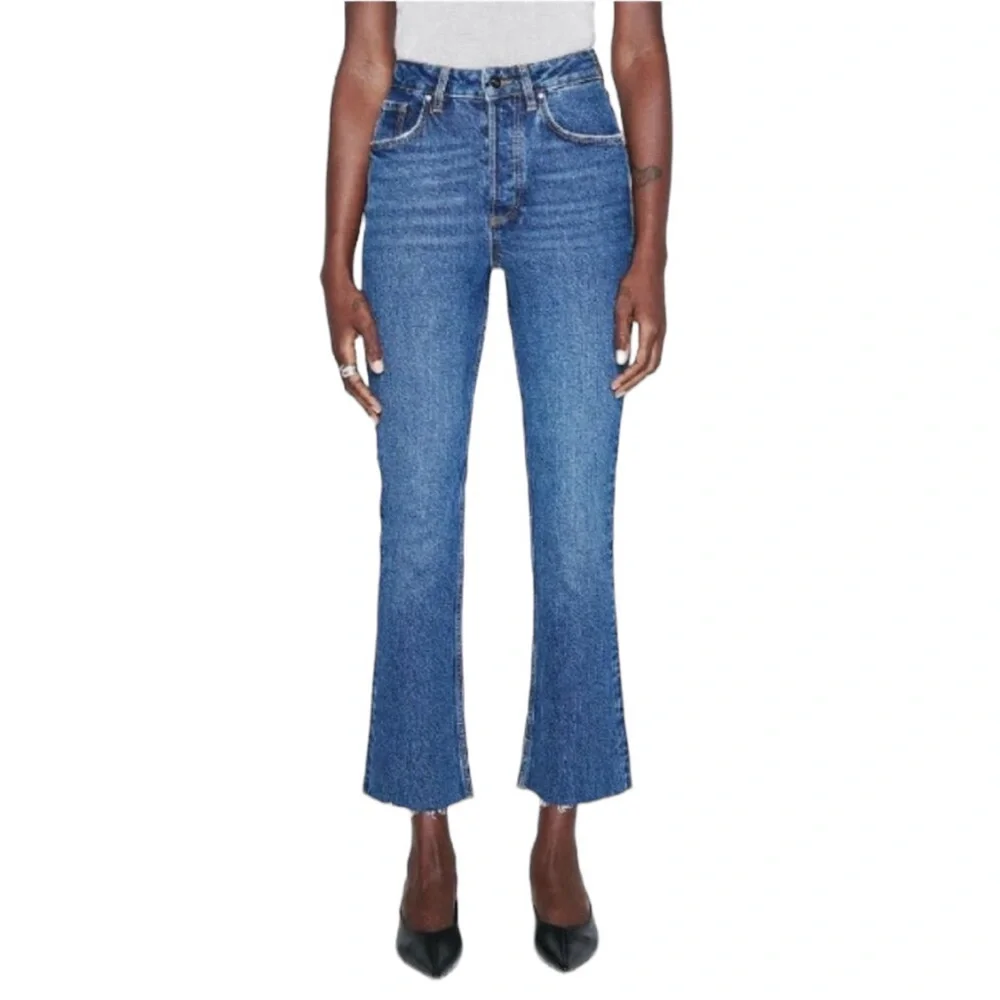 ANINE BING woman's size 31 Lara mid rise indigo raw hem ankle button fly jeans
